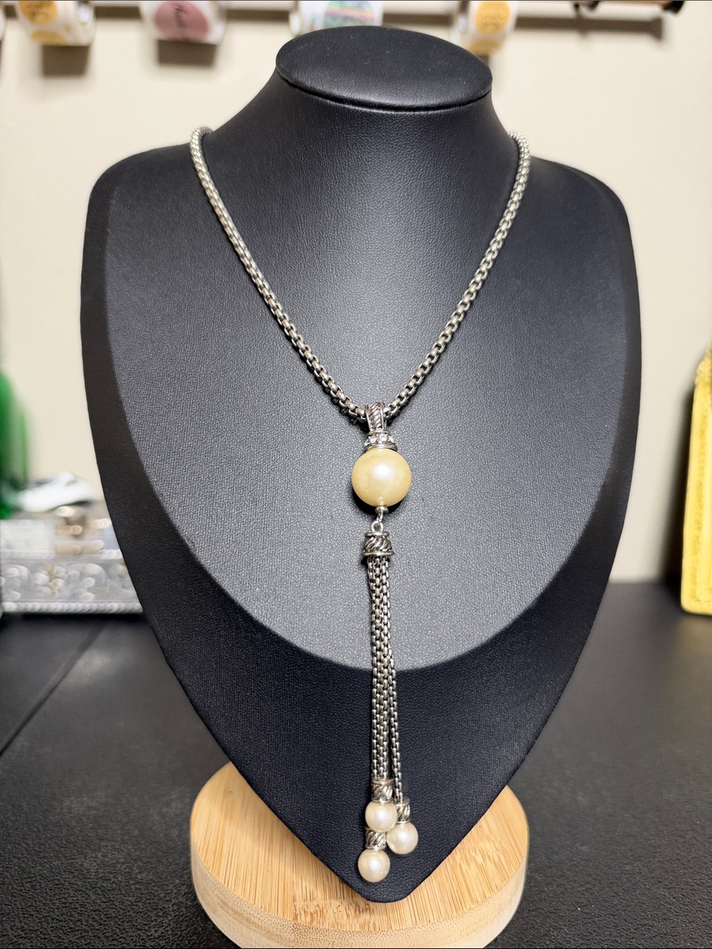 Elegant Silver-Tone Pearl Tassel Pendant Necklace - Champagne Pearl